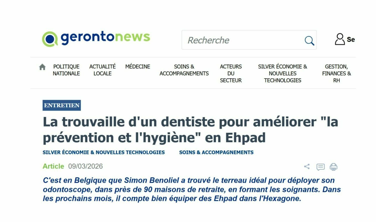 Screenshot of Gerontonews article — A dentist’s discovery to improve prevention and hygiene in nursing homes — March 2026